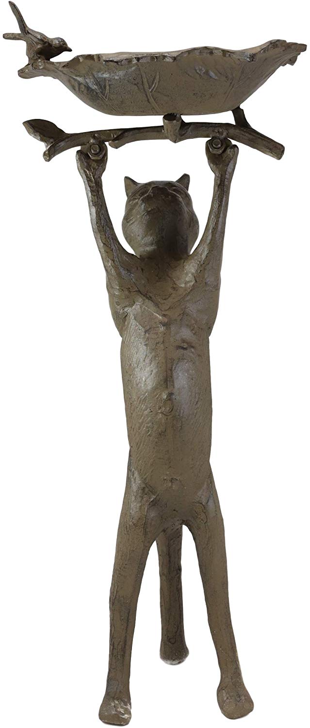 Ebros Cast Iron Whimsical Curious Cat Hanging On Branch with 2 Birds in Nest Bird Feeder Or Bath Statue 24.75" Tall for Garden Patio Lawn Outdoors Decorative Accent Sculpture