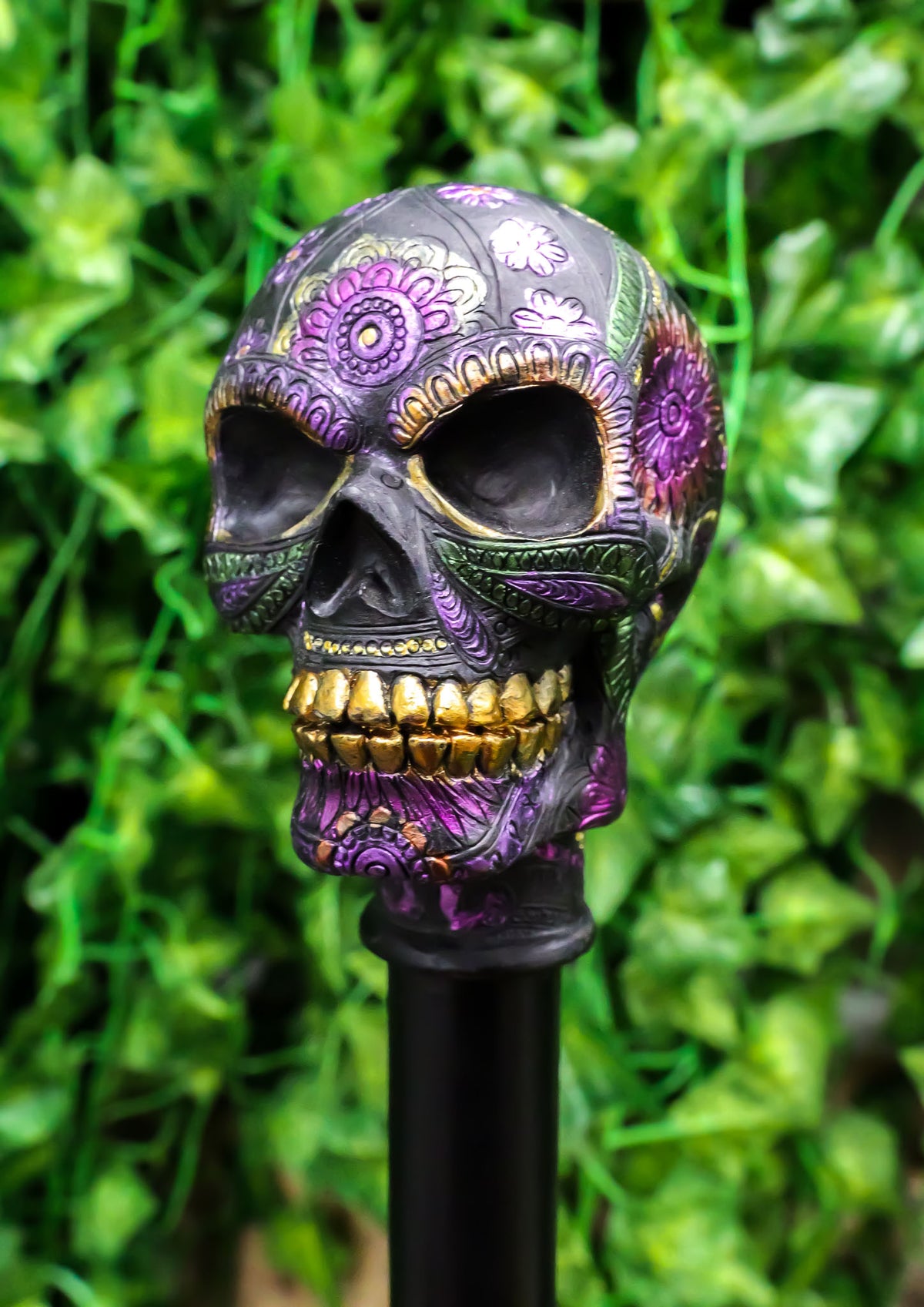 Gothic Day of The Dead Black Floral Sugar Skull Decorative Walking Cane 36"L