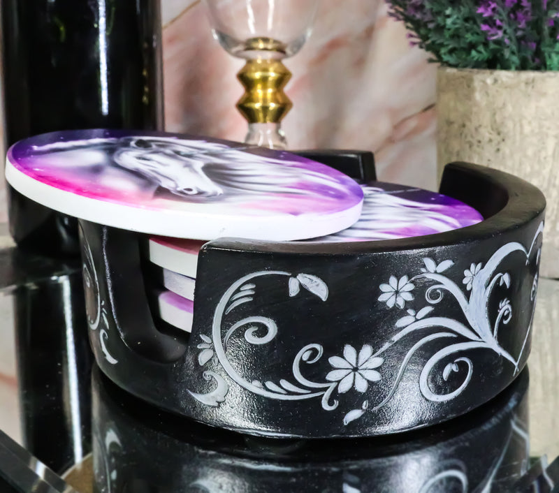 Indigo Night Sky Sacred Unicorn Floral Lace Coaster Set With 4 Ceramic Coasters
