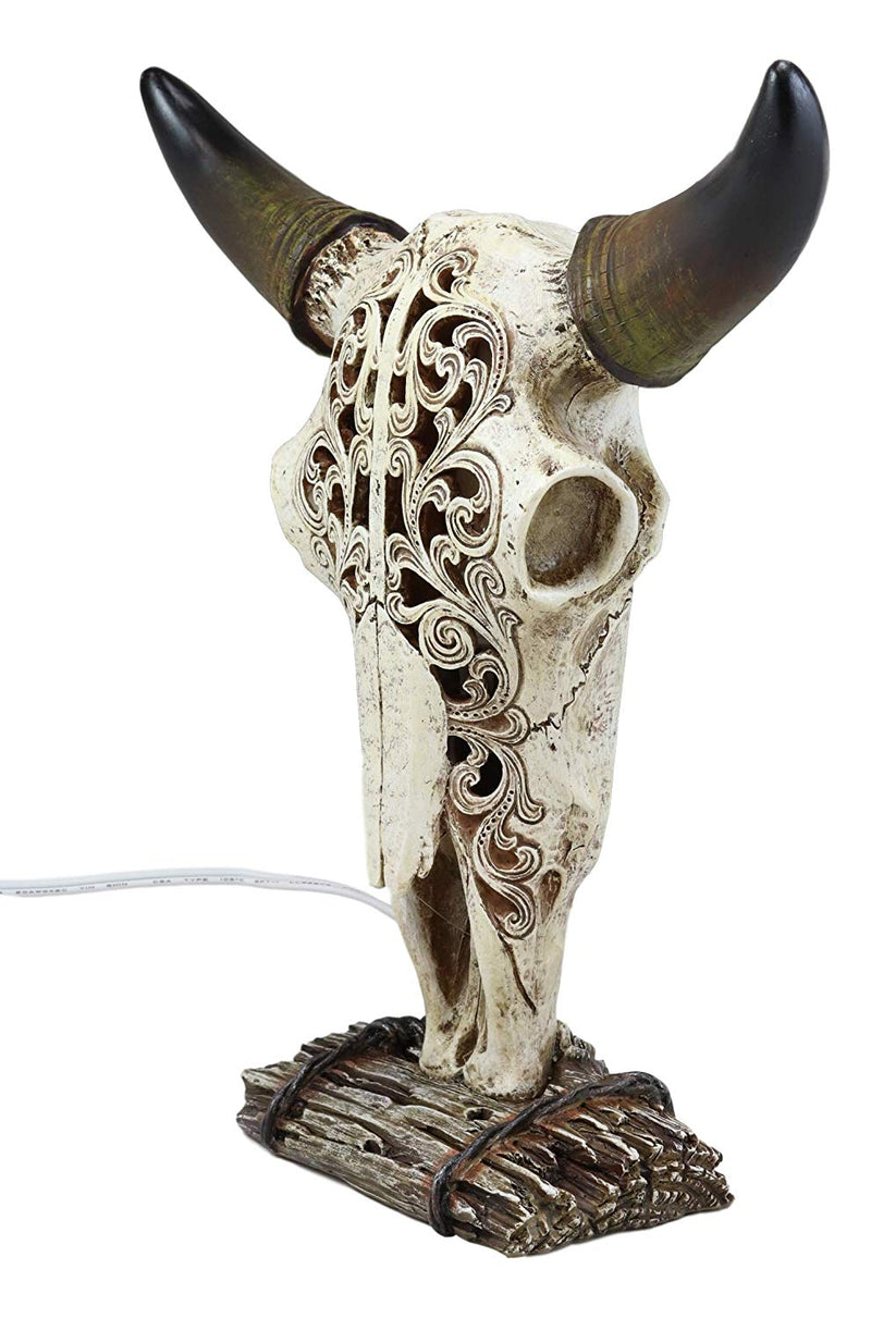 Ebros 12.5 Tall Southwest Aged Bone Tooled Filigree Lace Design Steer Bison Buffalo Bull Cow Horned Skull Head Night Light Lamp Centerpiece Side