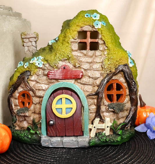 Ebros LED Light Up Miniature Enchanted Fairy Garden Stone Cottage House W/ Moving Door - Ebros Gift