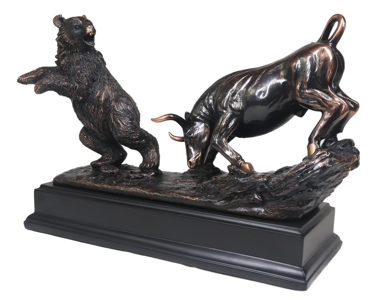 Wall Street Stock Market Signature Charging Bull With Conceding Bear Statue - Ebros Gift