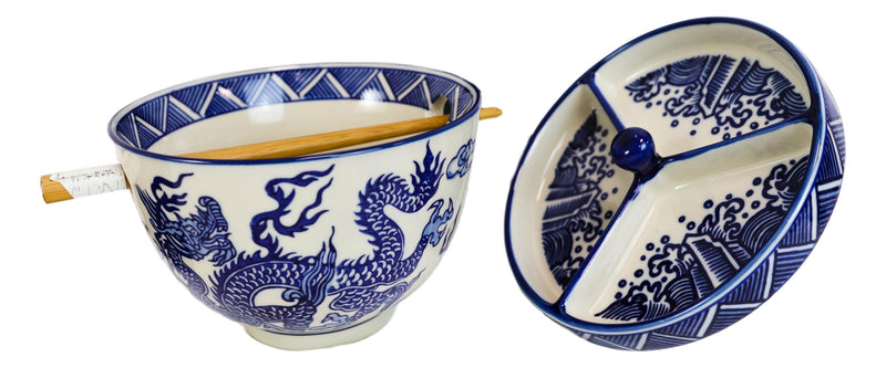 Blue White Dragon Ramen Bowl With Tempura Divider Condiment Lid Chopsticks Set