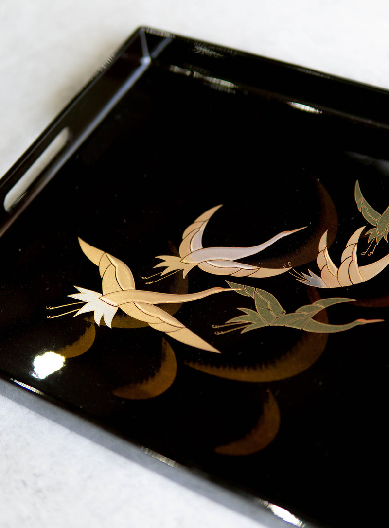 Japanese Flying Cranes 19" by 12" Large Black Lacquer Serving Tray With Handles
