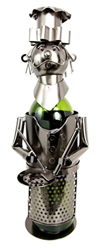 Ebros Gift Head Chef With Pan & Spatula Hand Made Metal Wine Bottle Holder Caddy Decor Figurine 14.5"H
