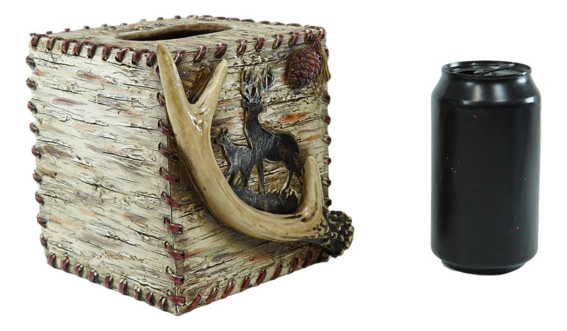 Rustic Wildlife Buck Elk Stag Deer Antler With Pinecone Tissue Box Cover 6"H